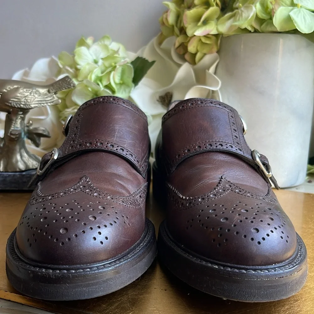 Brunello Cucinelli Brogue Wingtip Double Monk Strap Loafers in Brown Leather